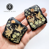 Cherry Amber Engraved Red Crowned Crane Free Shape Slab